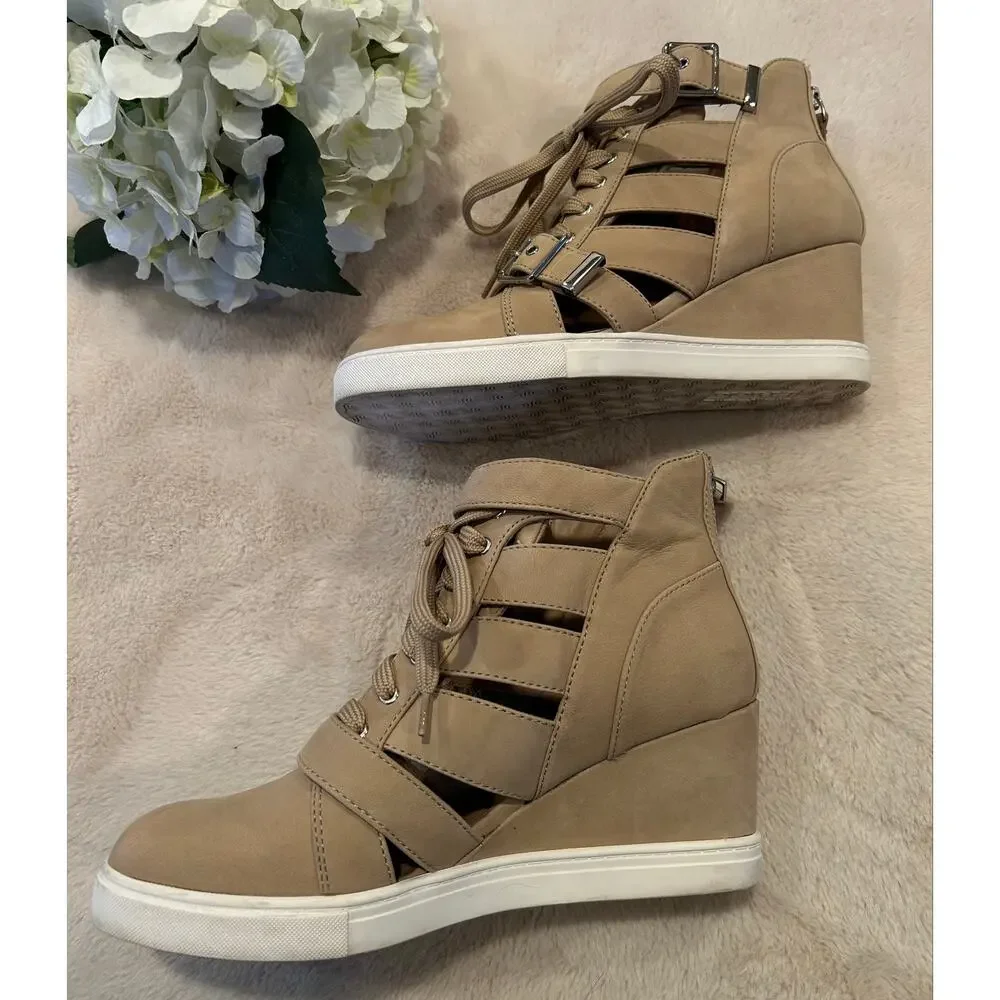 LINEA PAOLO Fave Beige Tan Cutout Wedge Lace-Up Sneaker with Buckle, Size  8.5